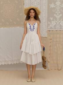 SHEIN MOD Vestido de tirantes finos con estampado de color contrastante hasta la pantorrilla para mujer, ropa bohemia, bordado en el escote, atuendos de campo para mujer, atuendos de vacaciones en la playa - Blanco - Ver 6