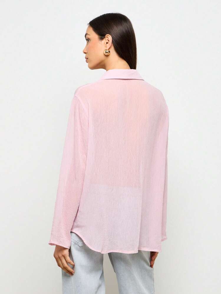 AiiRZ Blusa de gasa con botones y manga larga, ligera y versátil, para uso casual, de oficina y profesional, de tela transparente color rosa, para primavera, verano y otoño