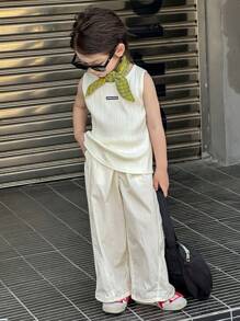 DAZY 2 件套小男孩圆领无袖 T 恤和长裤，秋季服装，返校服装 - 白色 - 查看 3