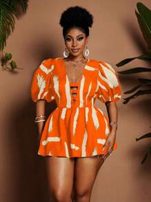 Maweii Blusa elegante con estampado floral, cuello en V y mangas abullonadas para mujer de talla grande - Naranja - Ver 4