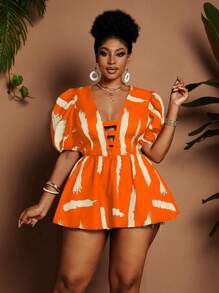 Maweii Blusa elegante con estampado floral, cuello en V y mangas abullonadas para mujer de talla grande - Naranja - Ver 5