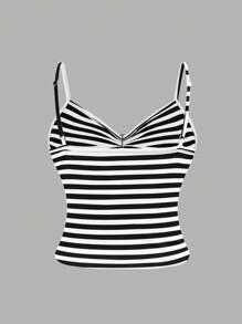ROMWE 大码女式双色条纹金属圆扣可调节吊带背心 - 黑與白 - 查看 2