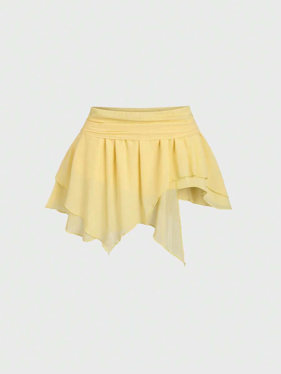SHEIN Unity Váy ngắn màu vàng viền bất đối xứng xếp nếp gợi cảm mới dành cho nữ, thanh lịch, sang trọng cho ngày lễ, eo thấp - Màu vàng - Xem 1