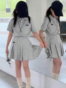 Dazy Kids 2 件套 Tween Girls Polo T 恤和百褶裙套装，夏季 - 灰色 - 查看 5