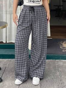 Dazy Plus Plus Size Plaid Elastic Waist Drawstring Loose Casual Long Pants - Navy Blue - View 1