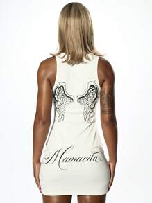 SUMWON WOMEN Tank Sleeveless Mini Dress Wing Print Cross Detail Retro Gothic Aesthetic Bodycon Dress - White - View 2