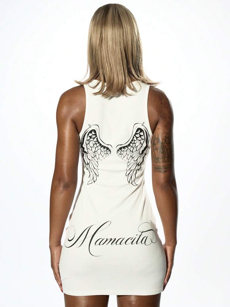 SUMWON WOMEN Tank Sleeveless Wing Print Cross Detail Bodycon Mini Dress