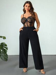 Firerie Plus Size Women's Elegant Lace Patchwork Halter Jumpsuit With Pockets, Comfortable Casual Holiday/Party/Date Night Bodycon Jumpsuit, Black