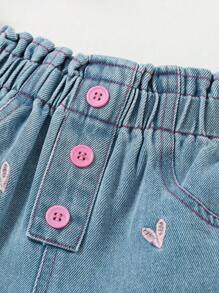 SHEIN Young Girl Casual Style Cute Bowknot Denim Shorts, Comfortable Lightweight Suitable For Vacation & Street Fashion, Summer, Cute Summer Shorts For Kids.