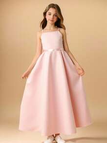 花童高档缎面吊带蝴蝶结长裙，正式礼服，适合婚礼、派对、生日、表演 - 粉色 - 查看 1