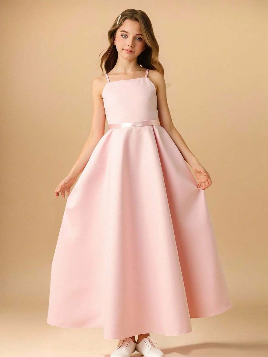 花童高档缎面吊带蝴蝶结长裙，正式礼服，适合婚礼、派对、生日、表演 - 粉色 - 查看 1