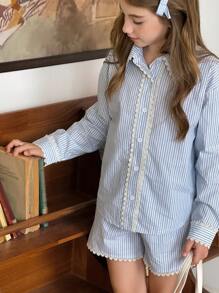 DAZY 2pcs/Set Tween Girls Lace Patchwork Stripe Print Long Sleeve Top And Shorts Set - Blue - View 4