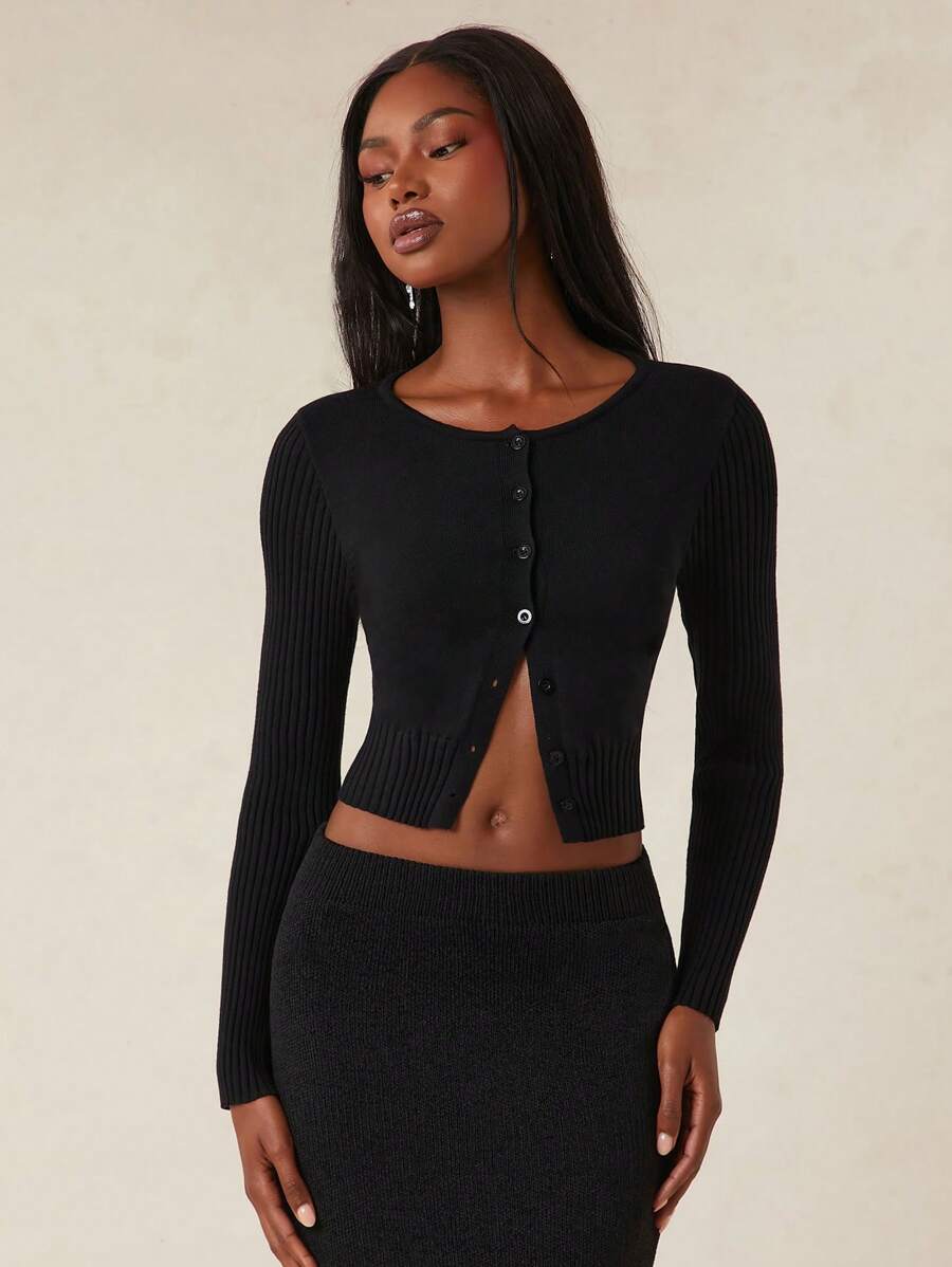 SHEIN Unity 春季柔软针织罗纹纽扣开衫夏季节日