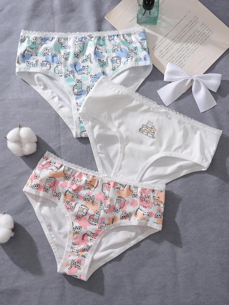 3pcs Printed, Cute, Comfortable, Simple Pattern Underwear For Teenage Girls Underwear Sets For Girls - Baby Pink - View 1