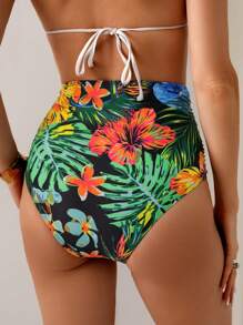 Swim Lushoire Palm Print Ruched High Waist Bikini Bottom For Summer Vacation - Multicolor - View 2