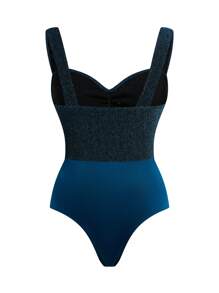 Flirla 2025 加大码女式纯色优雅浪漫海星装饰镂空前部闪亮面料修身紧身衣，非常适合节日装扮 - 藍色 - 查看 2