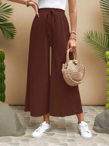 Travachic 女式纯色松紧腰抽绳宽松休闲7/9长裤，夏季 - 鏽棕色 - 查看 3