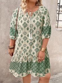 EMERY ROSE 大码时尚波西米亚风流苏七分袖休闲直筒连衣裙 - 杏色 - 查看 7