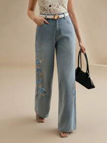 Anewsta 女式刺绣直筒高腰牛仔裤 - 藍色 - 查看 7