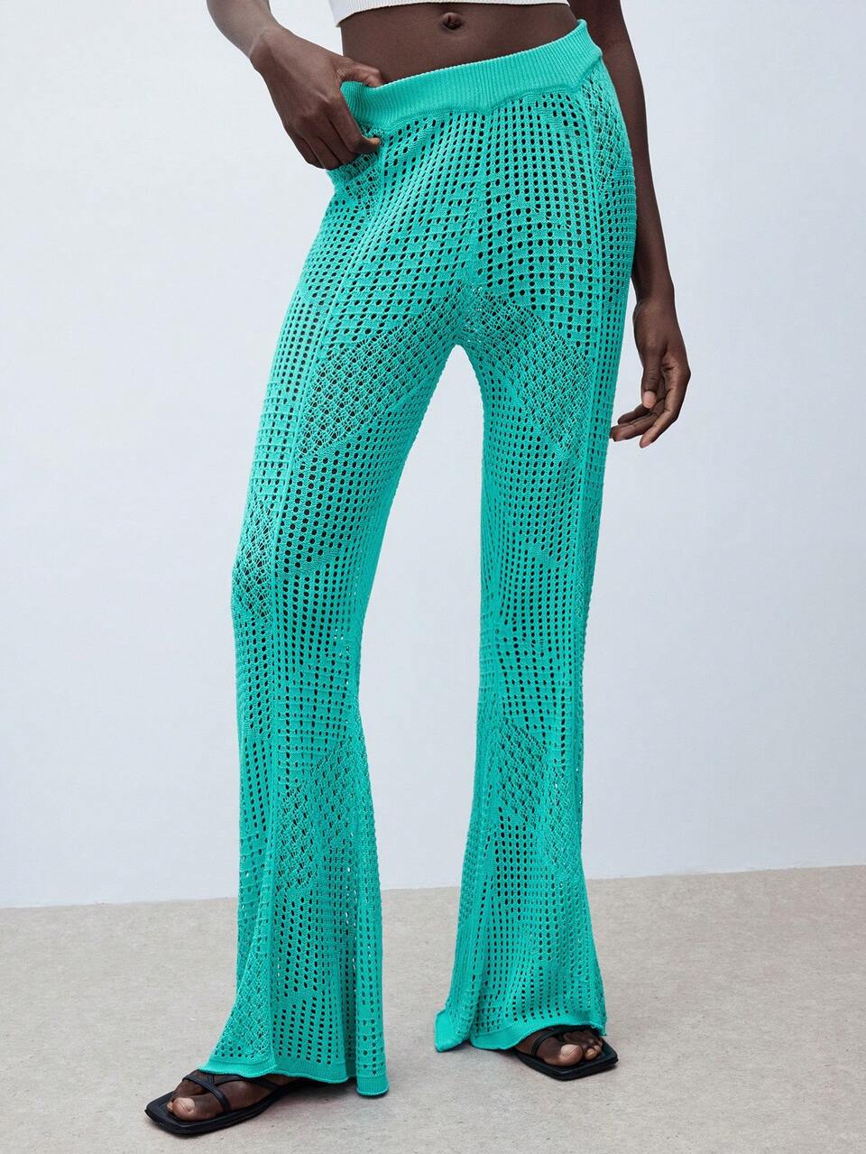 SHEIN Maija Women's Solid Color Hollow-Out Design Flared Knit Pants