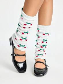 ROMWE 1 par de calentadores de piernas blancos lindos y kawaii con estampado de múltiples cerezas pequeñas - Blanco - Ver 1