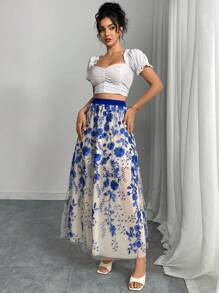 Elenzga Women's Elastic Waist Floral Embroidered Mesh Elegant A-Line Skirt, For Vacation - Blue - View 6