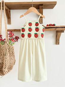 SHEIN Baby Girl 0-3 Years Spring/Summer Cute Textured Fabric Crochet Checkered Breathable Strawberry Fruit Overall Jumpsuit, Beige - Multicolor - View 2