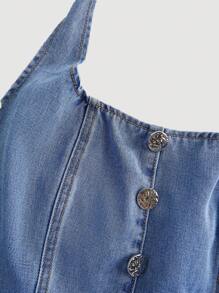 SHEIN MOD Bộ đồ liền thân denim không tay thắt nút phía trước màu trơn dành cho nữ - Màu xanh lam - Xem 4