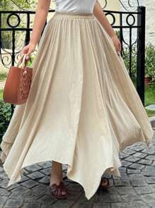 Dazy Plus Váy suông màu trơn cạp chun viền không đối xứng dáng rộng rãi thanh lịch - Màu be - Xem 1