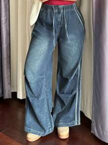Dazy Plus Jean long déchiré à jambe droite ample avec taille élastique patchwork, convient pour toutes les saisons