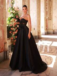 Glamrae 优雅浪漫黑色波尔卡圆点网眼手工四叶草立体花朵抹胸腰褶透视连衣裙适合约会派对鸡尾酒会舞会婚礼活动毕业典礼正式场合晚宴礼服（重工款）、派对礼服、长袍、晚装、婚礼宾客