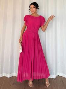 Rafferiza 法式休闲华丽浪漫腰带款式女士优雅连衣裙纯色女士连衣裙女士优雅连衣裙女派对连衣裙 - 酒紅色 - 查看 4