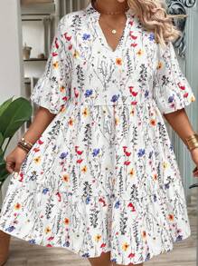EMERY ROSE Plus Size Women's Summer Branch Floral V-Neck Dolman Dress With Ruffle Hem, Loose Fit - White - View 6