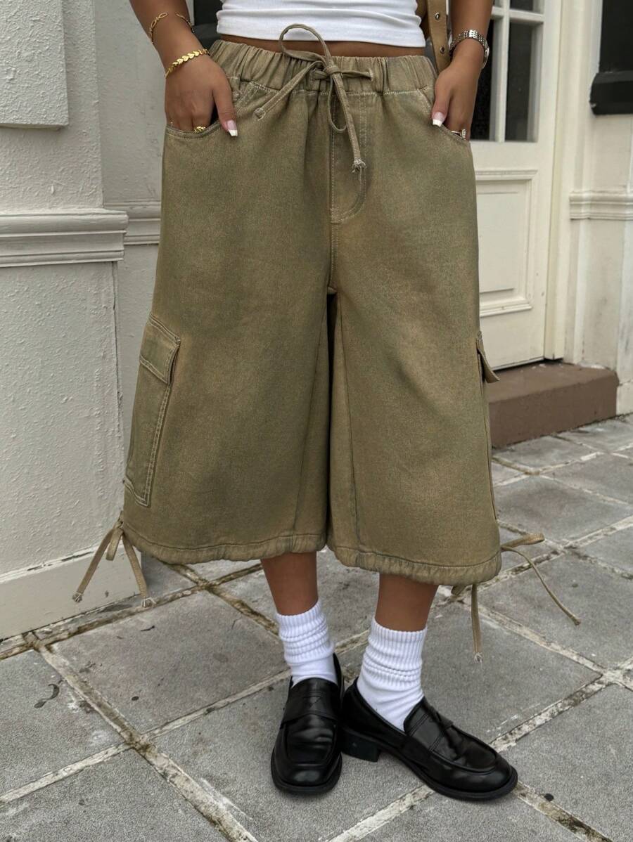 SHEIN EZwear Women's Casual Washed Wide Leg Denim Shorts