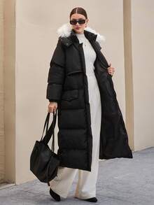 CLARA VERO Premium Quality, Contrast Fur Detailed Puffer Winter Coat - Black - View 6