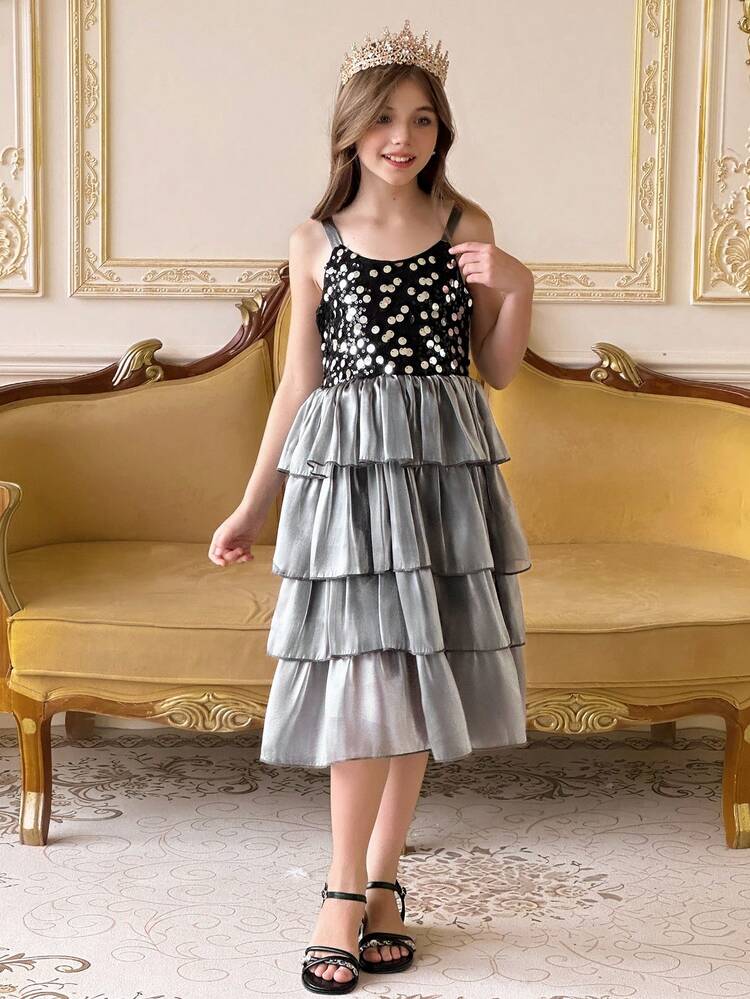 Tween Girls' Sequin Patchwork Strap Fancy Dress For Summer