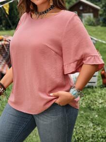 EMERY ROSE Blusa de verano con mangas con volantes de unicolor y talla grande, estilo casual de vacaciones, playa, para vacaciones de verano, concierto country, estilo bohemio, vacaciones, ropa occidental para mujer de talla grande, top para fiesta - Verde Oscuro - Ver 3