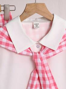Conjunto de camiseta para niñas (talla grande), conjunto de moda para niñas preadolescentes con camisa blanca, chal a cuadros rosas y blancos, y pantalones, atuendo casual para verano y vacaciones