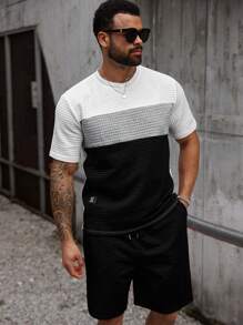 Manfinity Homme 2 sztuki/zestaw Plus Size Męski Kontrastowy Kolor Okrągły Dekolt Krótki Rękaw T-shirt I Szorty Swobodny Garnitur, Lato - Czarne i Białe - Zobacz 5