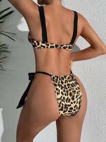 SHEIN Swim 女士豹纹系带比基尼泳装套装，海滩度假 - 彩色 - 查看 2