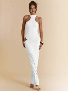 SHEIN BAE Đầm ngắn bodycon hở tay màu đào bất đối xứng, Đầm maxi thanh lịch cho kỳ nghỉ, bãi biển, khách dự tiệc cưới - trắng - Xem 6
