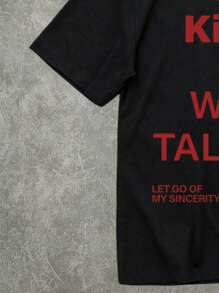 Manfinity ZONE917 Streetwear Casual Red Slogan Print Black Cotton Knit T-Shirt (Wide Design On Sleeve, Collar, Hem) - Black - View 3