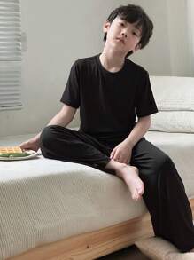 DAZY Kinder Herbst Outfit: Kleinkind/Tween Jungen Einfarbiges Crew Neck Gestricktes Kurzarm T-Shirt + Lange Hose Pyjama Set