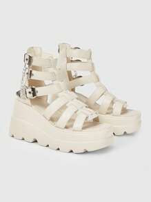 ROMWE Grunge Punk Fashionable Women's Shoes, Metal Buckle Design Open Toe, Thick Sole Flat Heel 7.5cm, Retro Style PU Leather Black Sandals, Suitable For Summer Shopping, Dating, Etc. - Beige - View 1