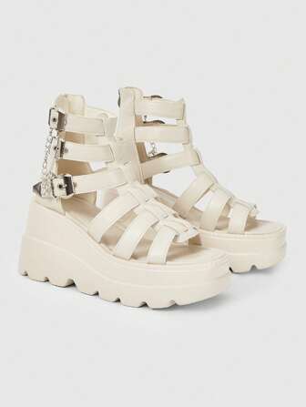 Grunge Punk Zapatos de mujer con diseño de hebilla metálica de punta abierta, suela gruesa de tacón plano de 7.5 cm, estilo retro de sandalias negro, adecuadas para compras de verano, citas, etc.