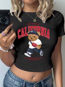 SHEIN EZwear Casual Minimalist California University Bear Graphic Round Neck Short Sleeve Crop Tight Fit T-Shirt For Women, Suitable For Summer Suitable For Going Out - Black - View 3