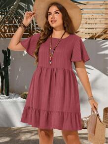 EMERY ROSE Plus Size Vacation Casual Solid Color Short Sleeve Dress, Summer Outfits For Women, Easter Bohemia, Rave Outfit Curve, Country Concert Dresses Tiered - Redwood - View 4