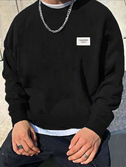EURMUSE Men's Letter Graphic Crew Neck Dropped Shoulder Long Sleeve Casual Loose Sweatshirt