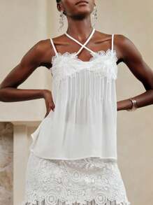 SHEIN LUNE Women's 3d Flower Sequin Decor Chiffon Solid Color Cami Top Spaghetti Strap Top,Sexy Wear For Home, Beach, Resort, Spring/Summer,Vacation Tops - White - View 1