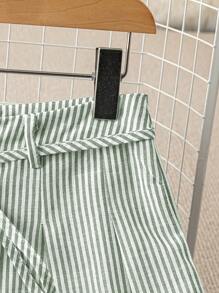 Chiquease 女士休闲蓝色条纹阔腿裤，竹节结带设计，适合春夏季 - 綠色 - 查看 3